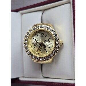 Icing Womens Quartz Rhinestones Ring Watch New Battery Gold Tone Stretch